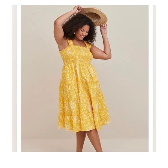 torrid Dresses & Skirts - Torrid Yellow Leopard Smocked Tiered Midi Dress Sz 3 Resort Summer Vacation